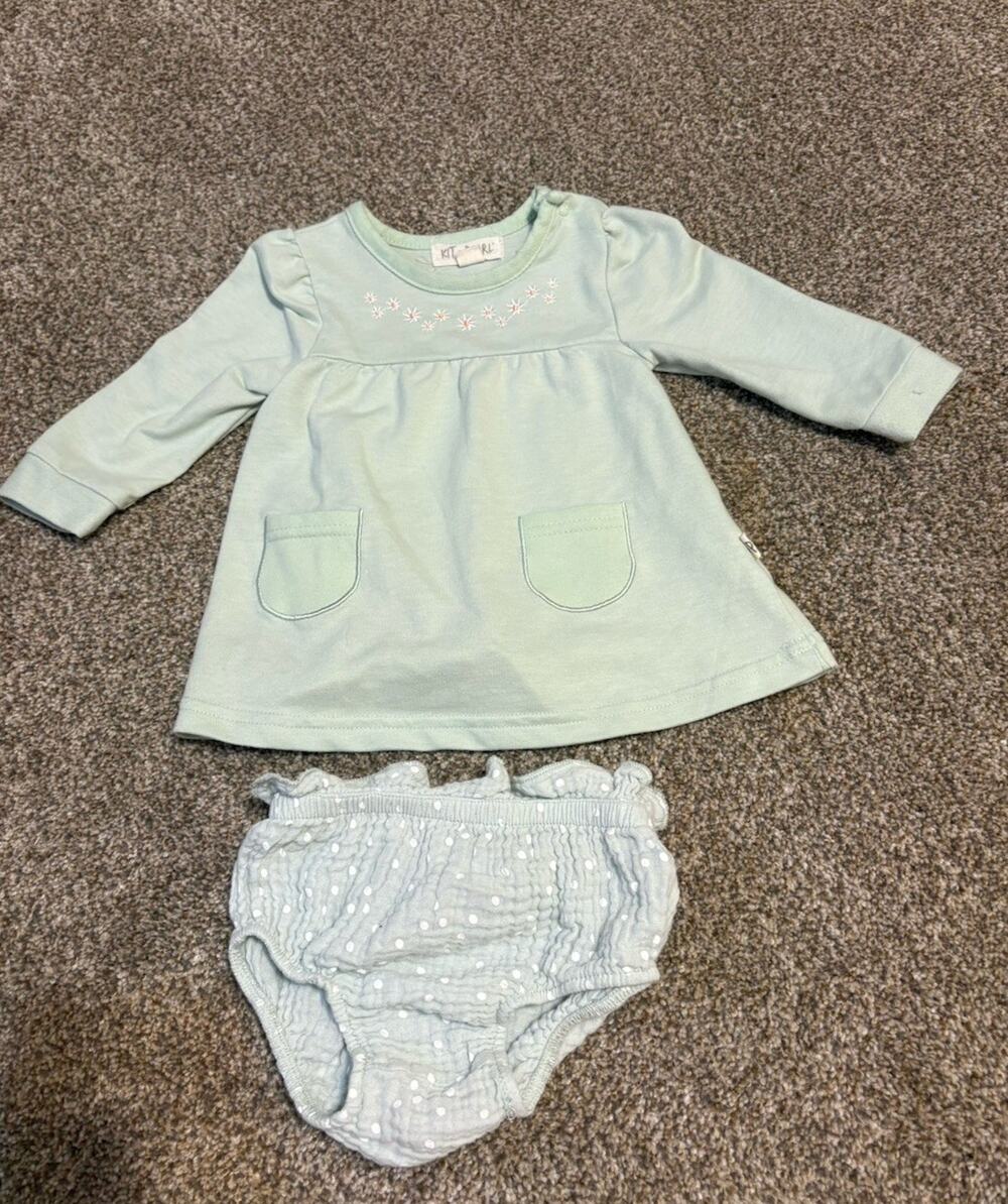 KIT + DALE Girls 6-9M 2pc Dress & Bloomers Set Green/White Embroidered